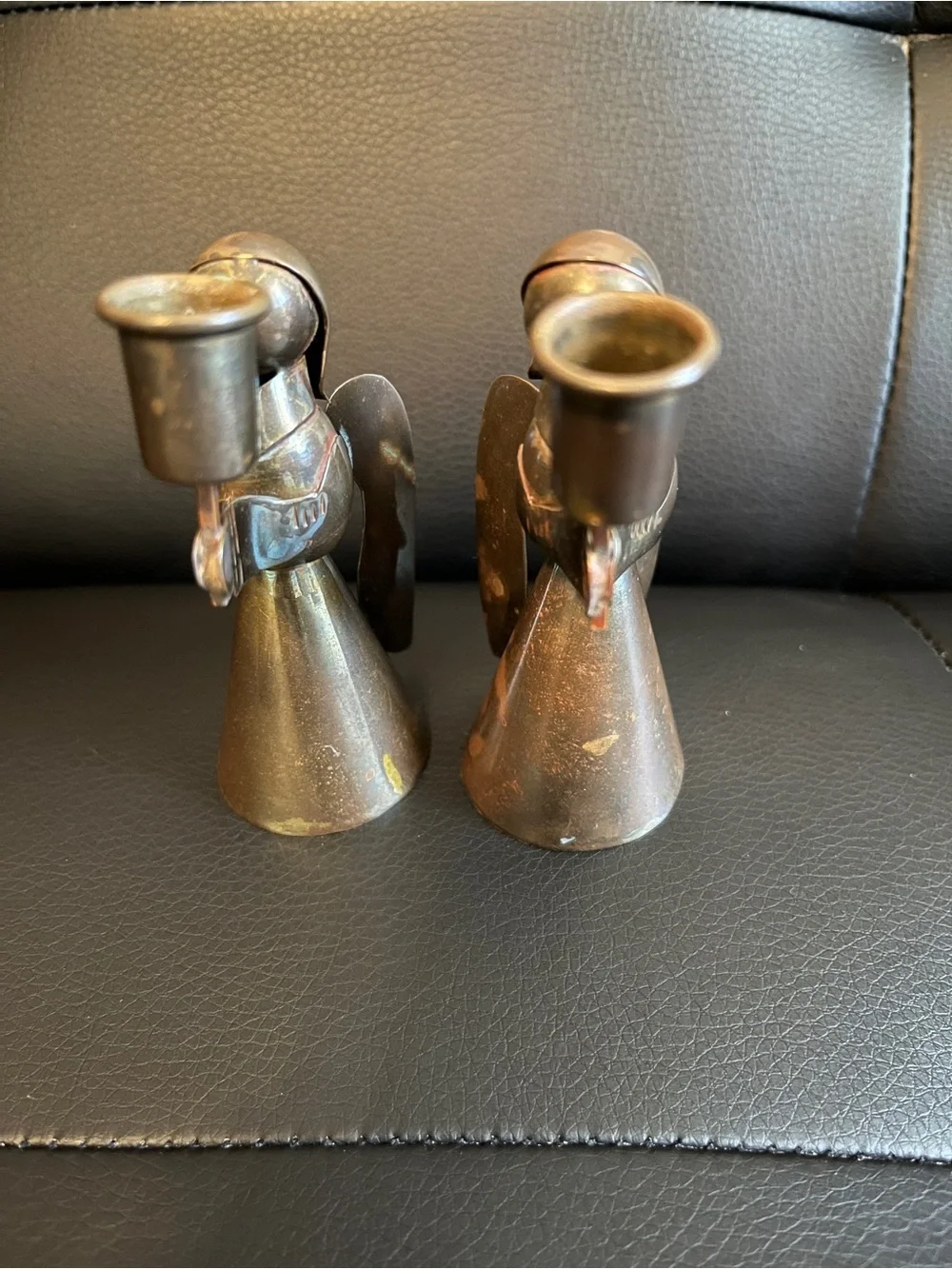 Brass Angel Candle Holder Pair - Brown brass patina